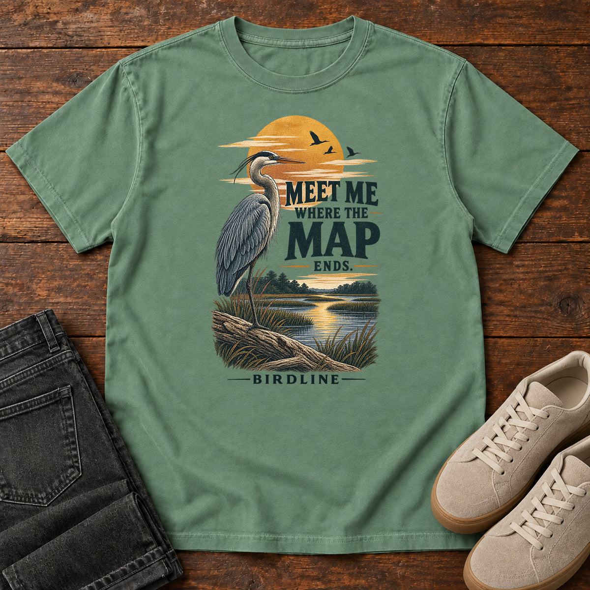 Meet Me Where the Map Ends Heron T-Shirt in Light Green