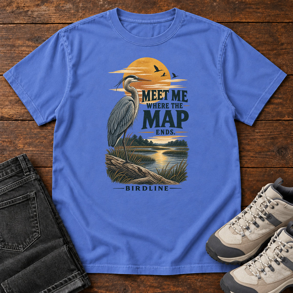 Meet Me Where the Map Ends Heron T-Shirt in Mystic Blue