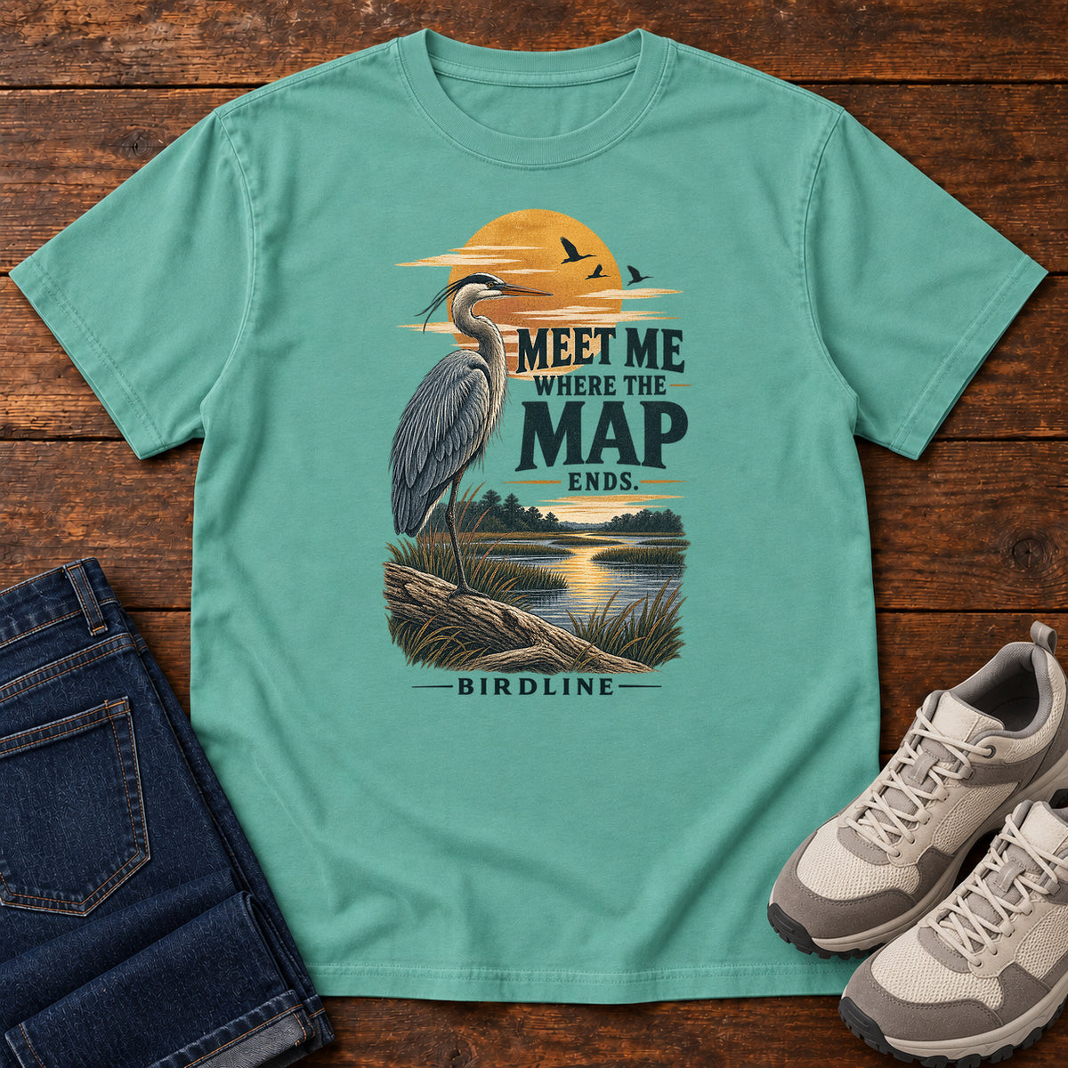 Meet Me Where the Map Ends Heron T-Shirt in Seafoam