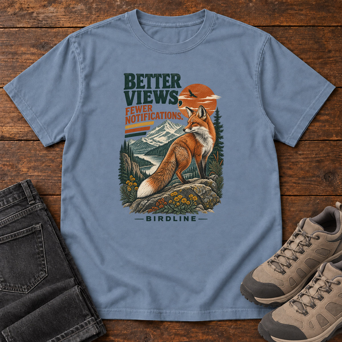 Better Views Fewer Notifications Fox T-Shirt in Blue Jean