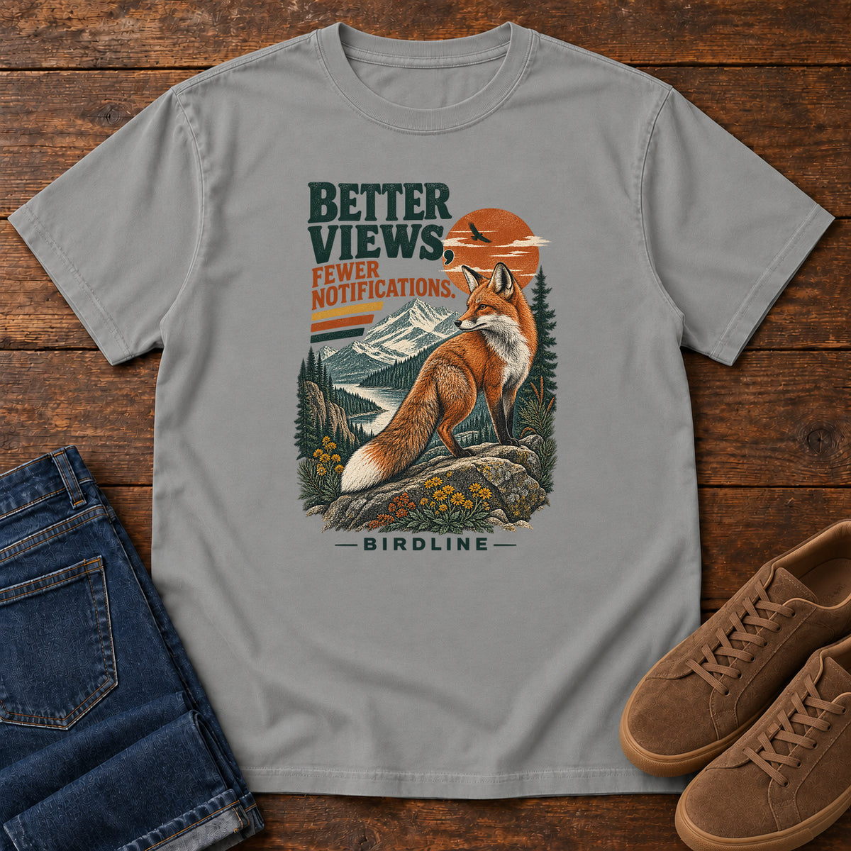 Better Views Fewer Notifications Fox T-Shirt in Grey