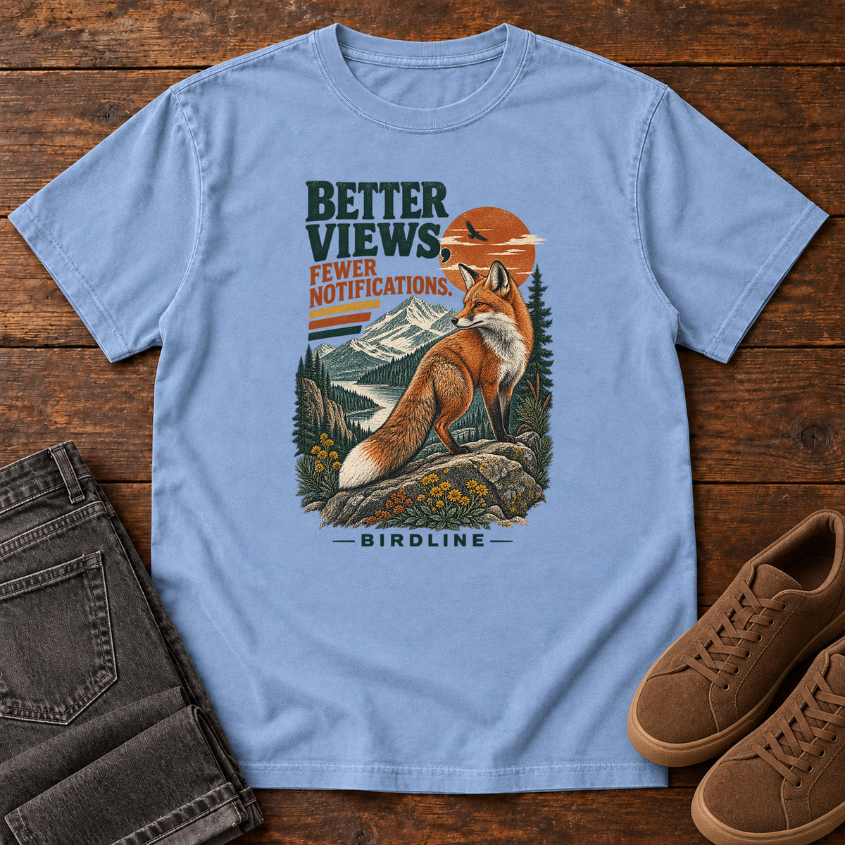 Better Views Fewer Notifications Fox T-Shirt in Washed Denim