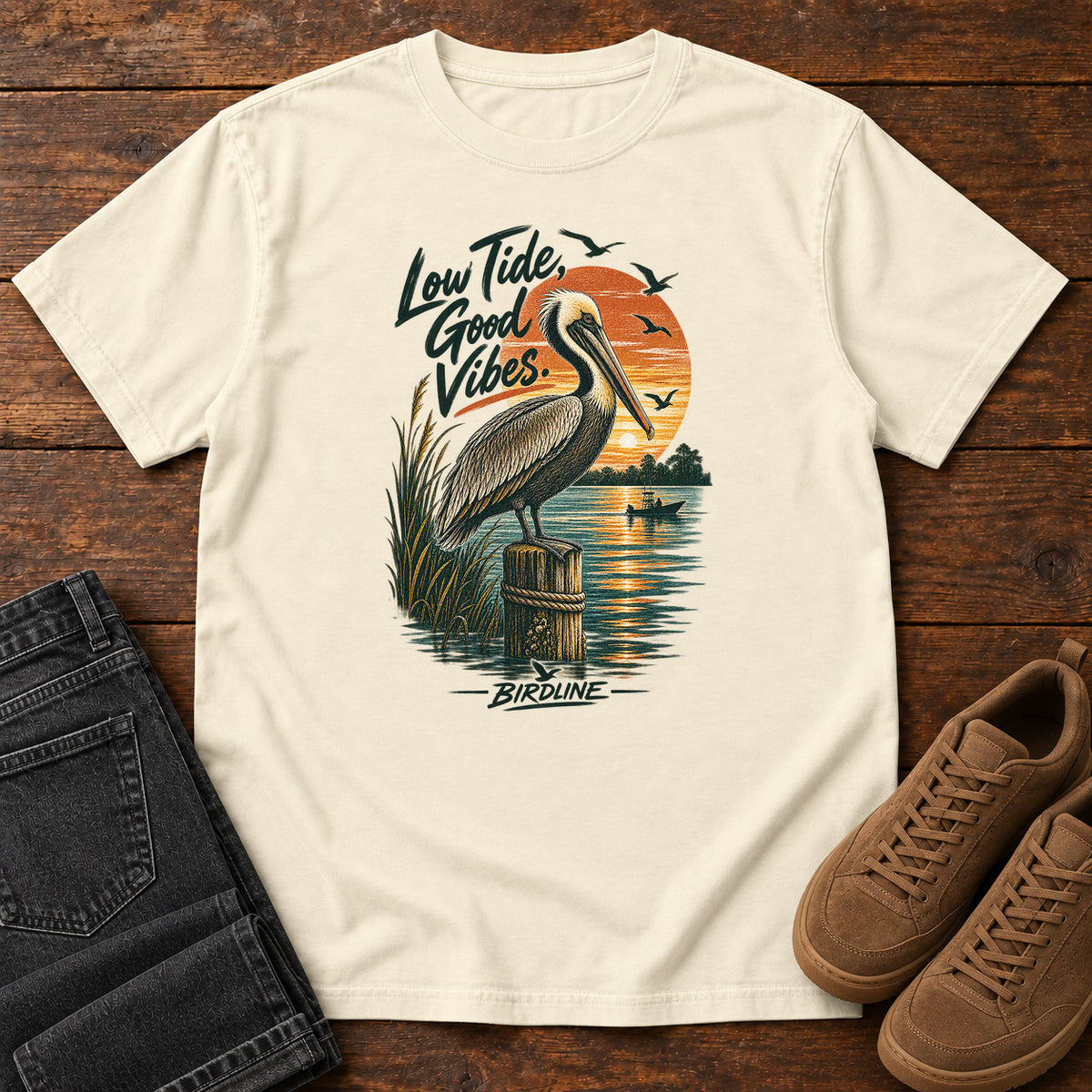 Low Tide Good Vibes Pelican T-Shirt in Ivory