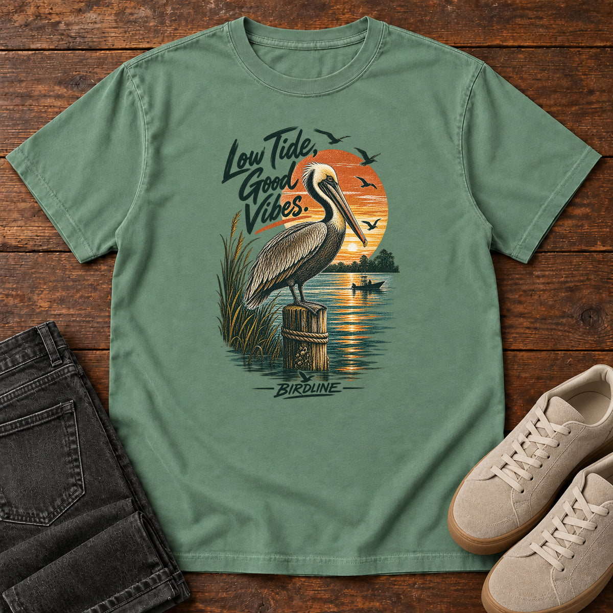 Low Tide Good Vibes Pelican T-Shirt in Light Green