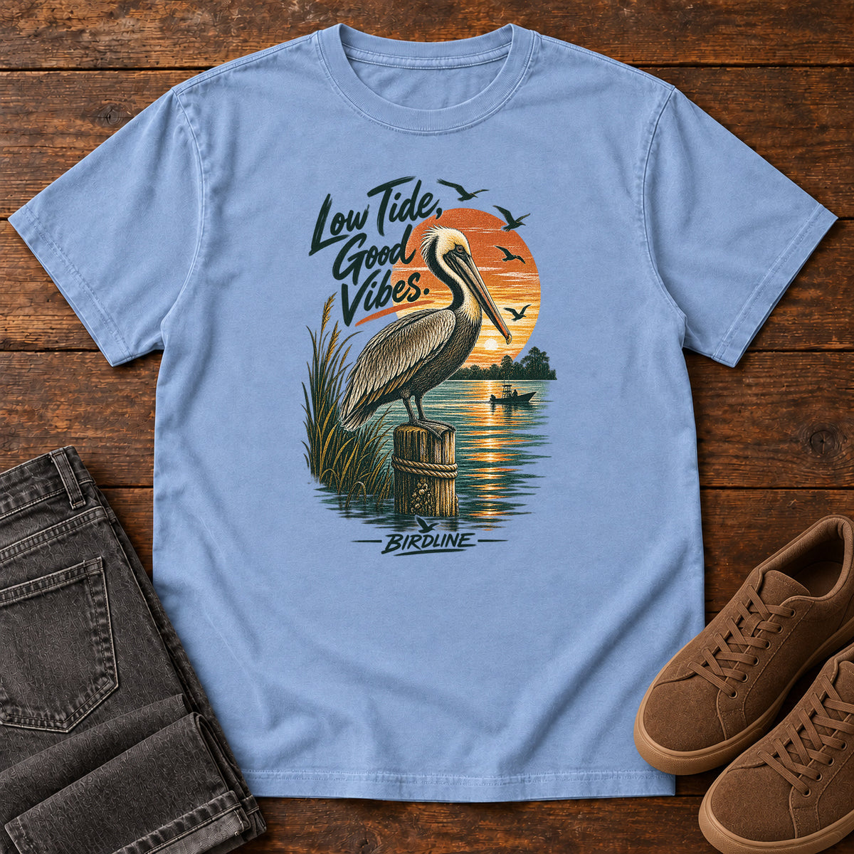 Low Tide Good Vibes Pelican T-Shirt in Washed Denim