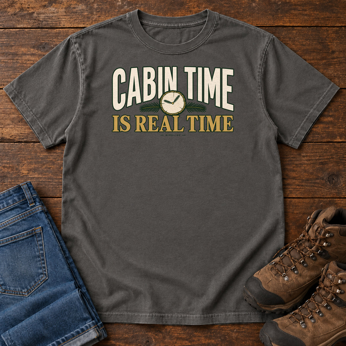 Pepper Cabin Time Is Real Time T-Shirt with cream and gold lettering surrounding a small clock illustration, front flat lay on wood.
