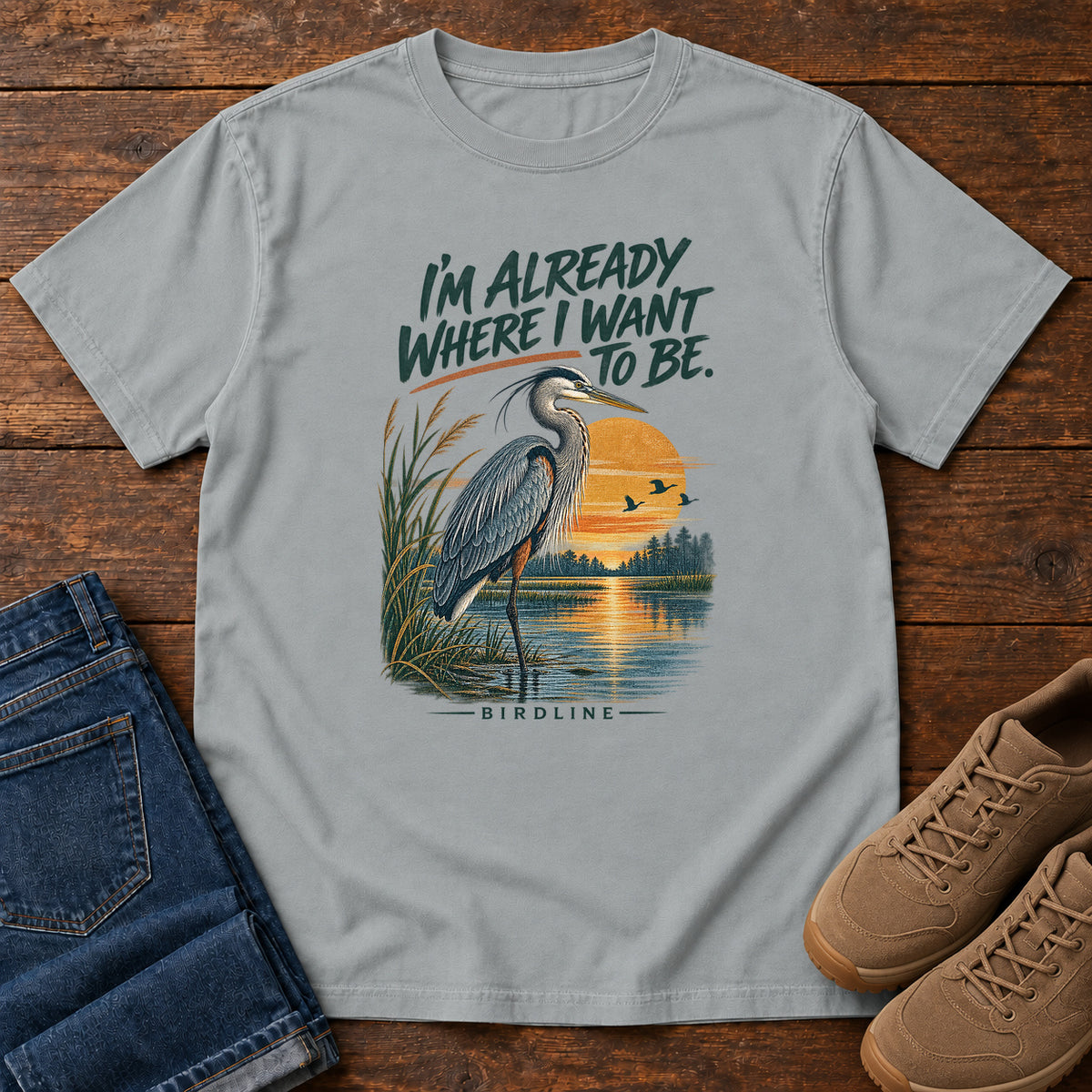 I'm Already Where I Want to Be Heron T-Shirt in Granite