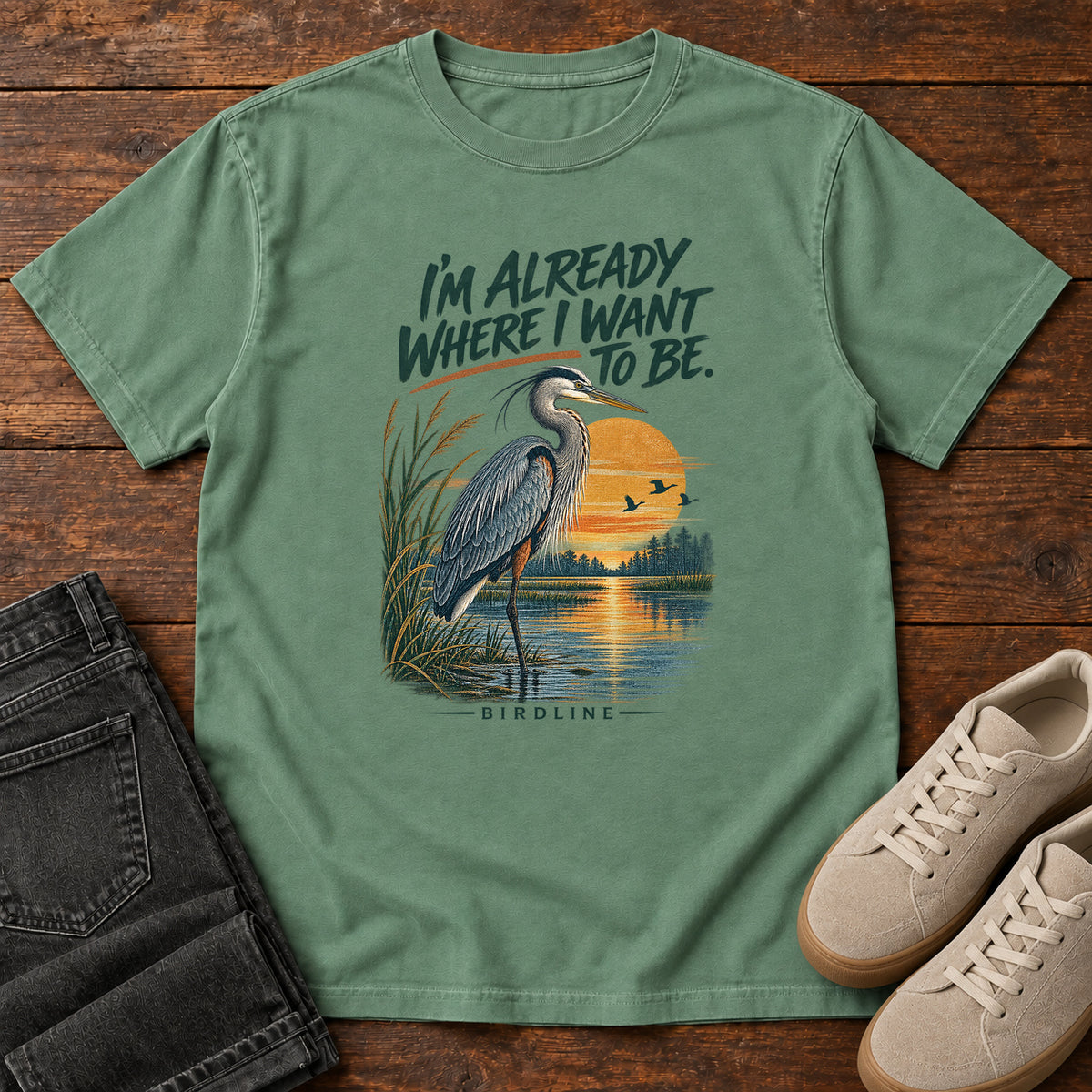 I'm Already Where I Want to Be Heron T-Shirt in Light Green