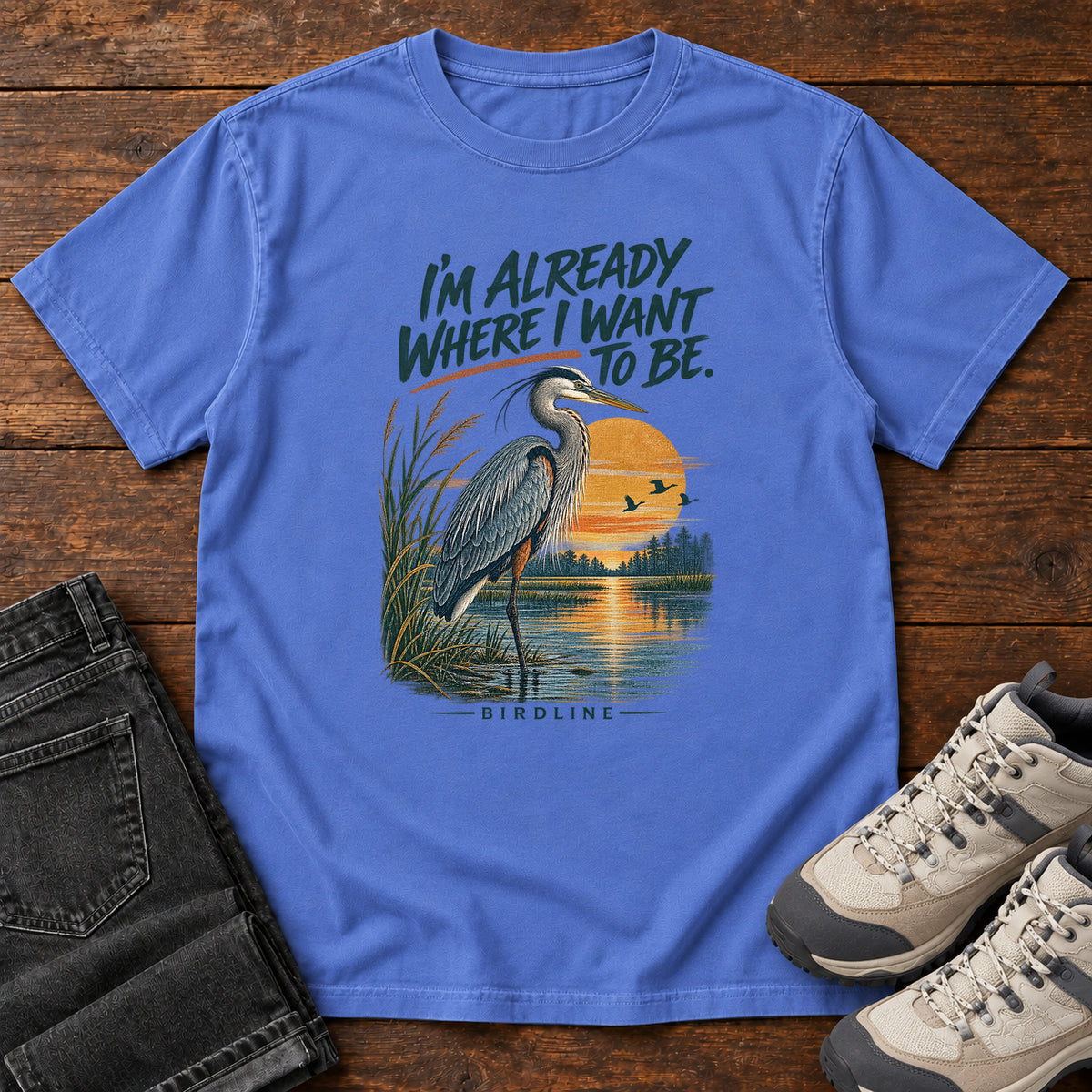 I'm Already Where I Want to Be Heron T-Shirt in Mystic Blue