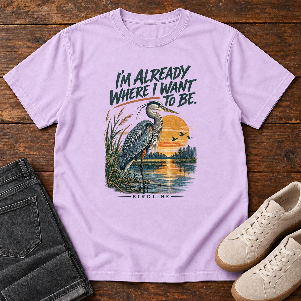 I'm Already Where I Want to Be Heron T-Shirt in Orchid