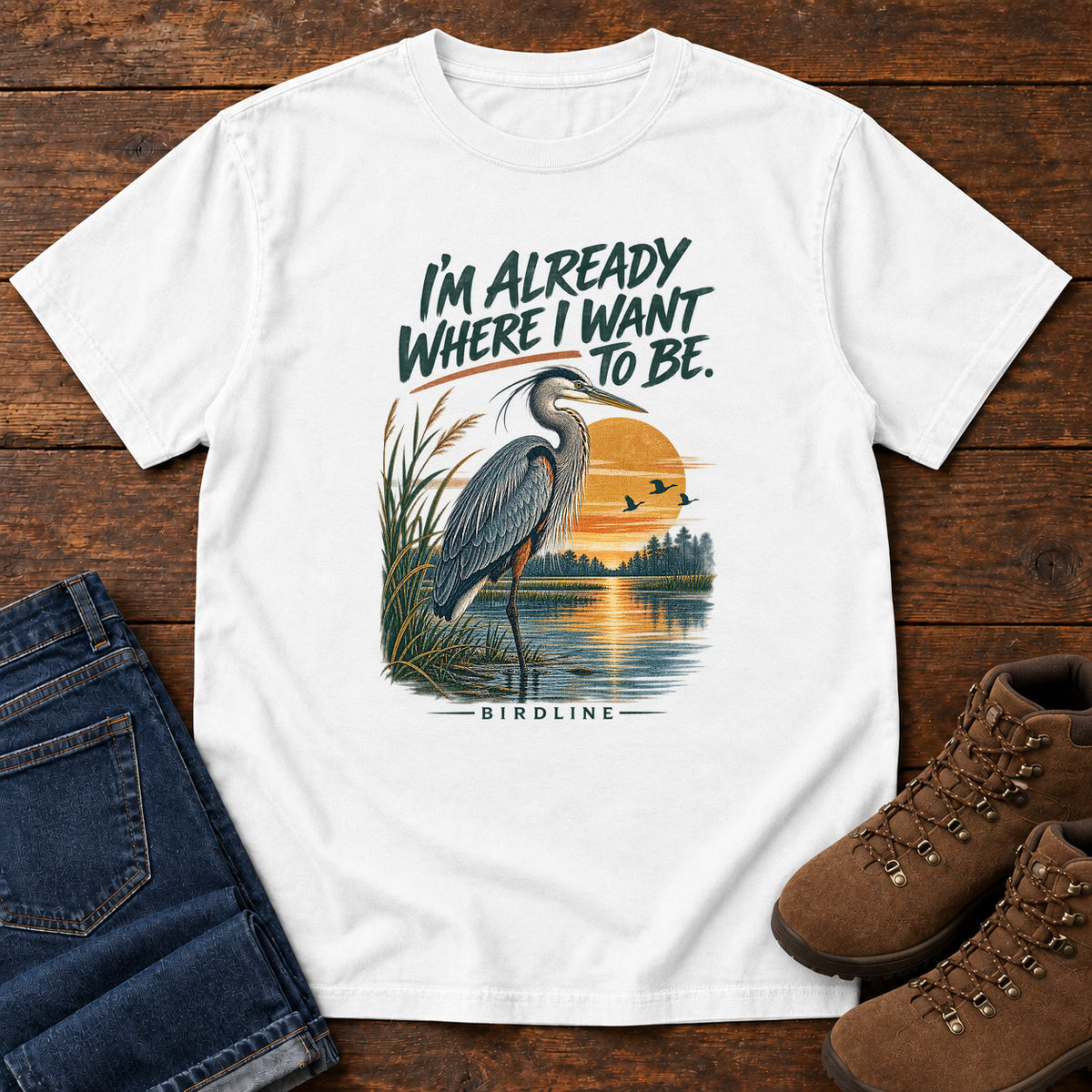 I'm Already Where I Want to Be Heron T-Shirt in White