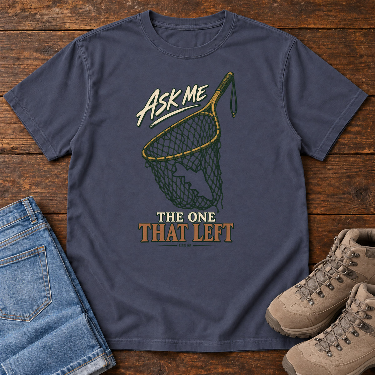 Navy Ask Me About the One That Left T-Shirt with an empty fishing landing net and cream-and-copper lettering, front flat lay on wood.