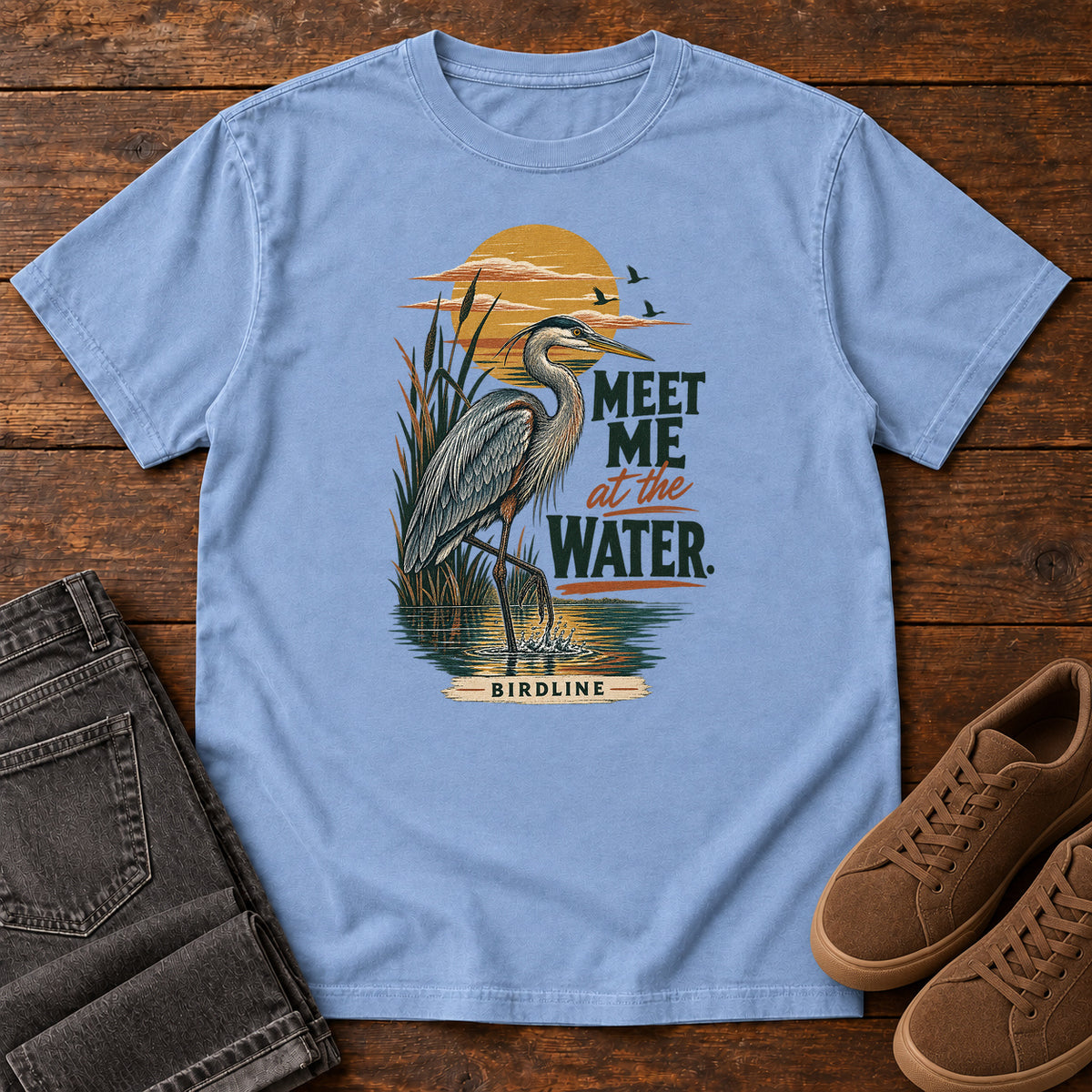 Meet Me at the Water Heron T-Shirt in Washed Denim