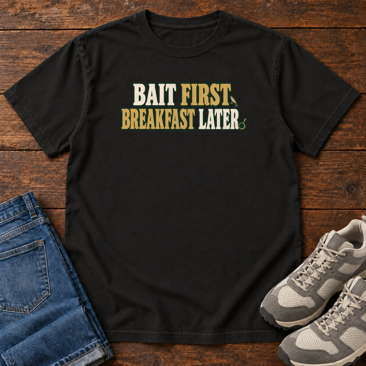 Black Bait First Breakfast Later T-Shirt with cream and gold Bait First Breakfast Later lettering; front flat lay on wood.