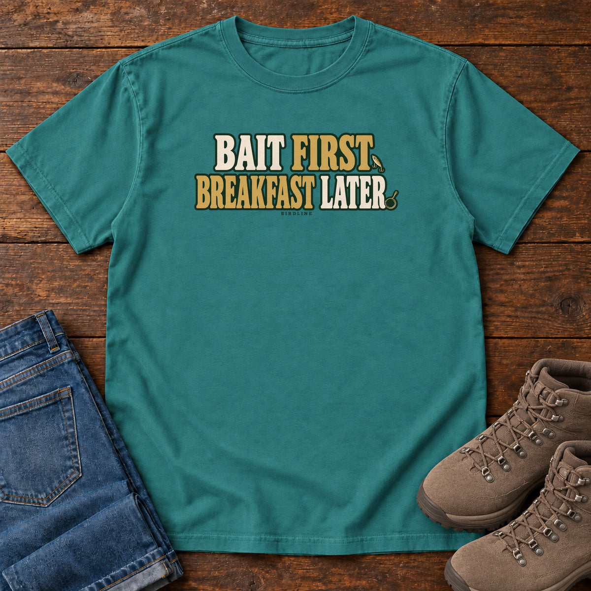 Emerald Bait First Breakfast Later T-Shirt with cream and gold Bait First Breakfast Later lettering; front flat lay on wood.