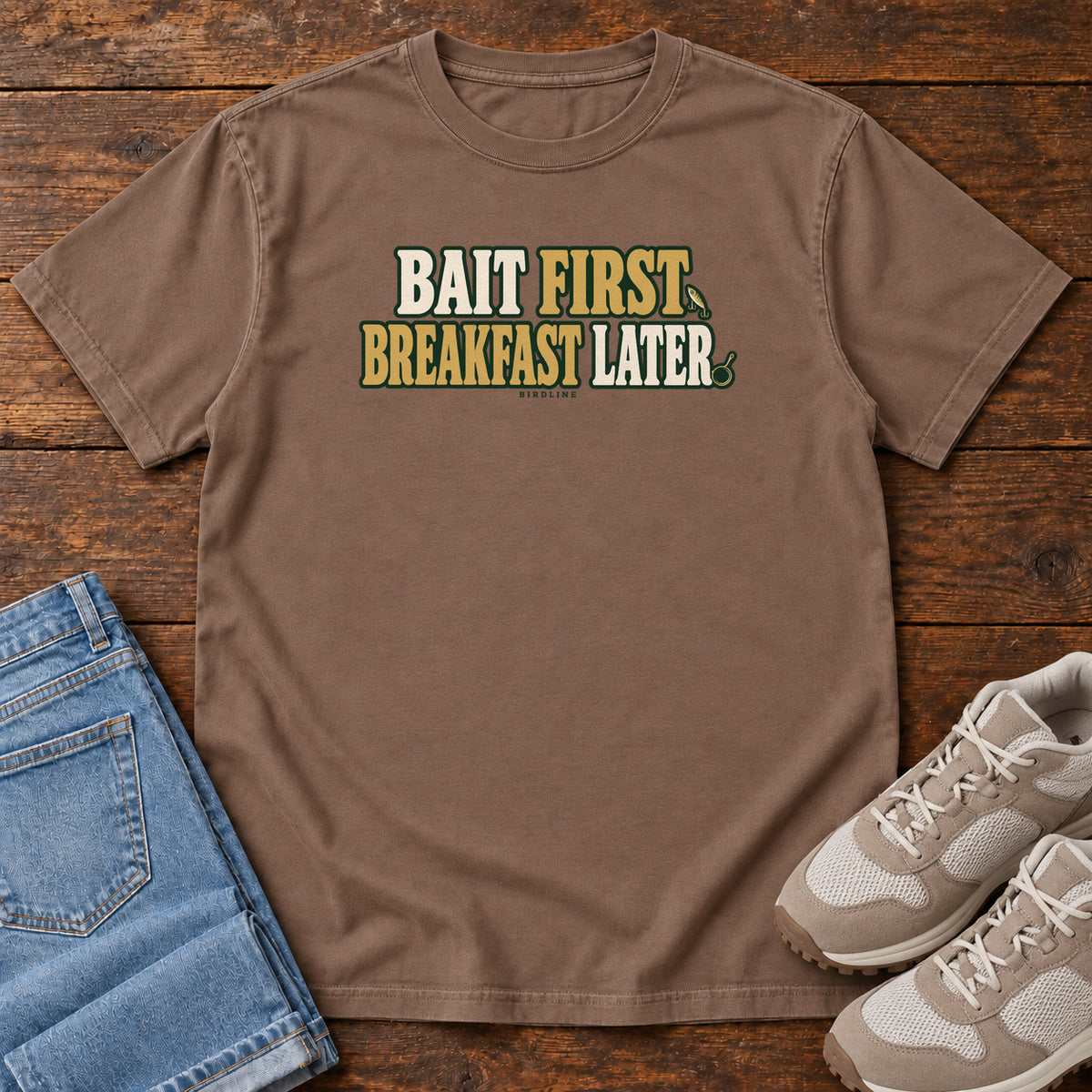 Espresso Bait First Breakfast Later T-Shirt with cream and gold Bait First Breakfast Later lettering; front flat lay on wood.