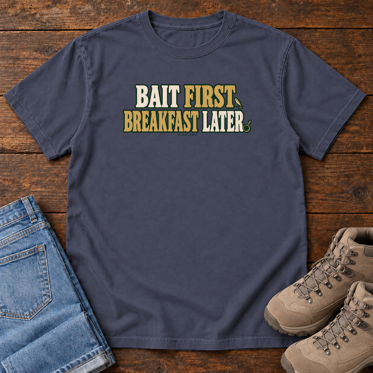 Navy Bait First Breakfast Later T-Shirt with cream and gold Bait First Breakfast Later lettering; front flat lay on wood.