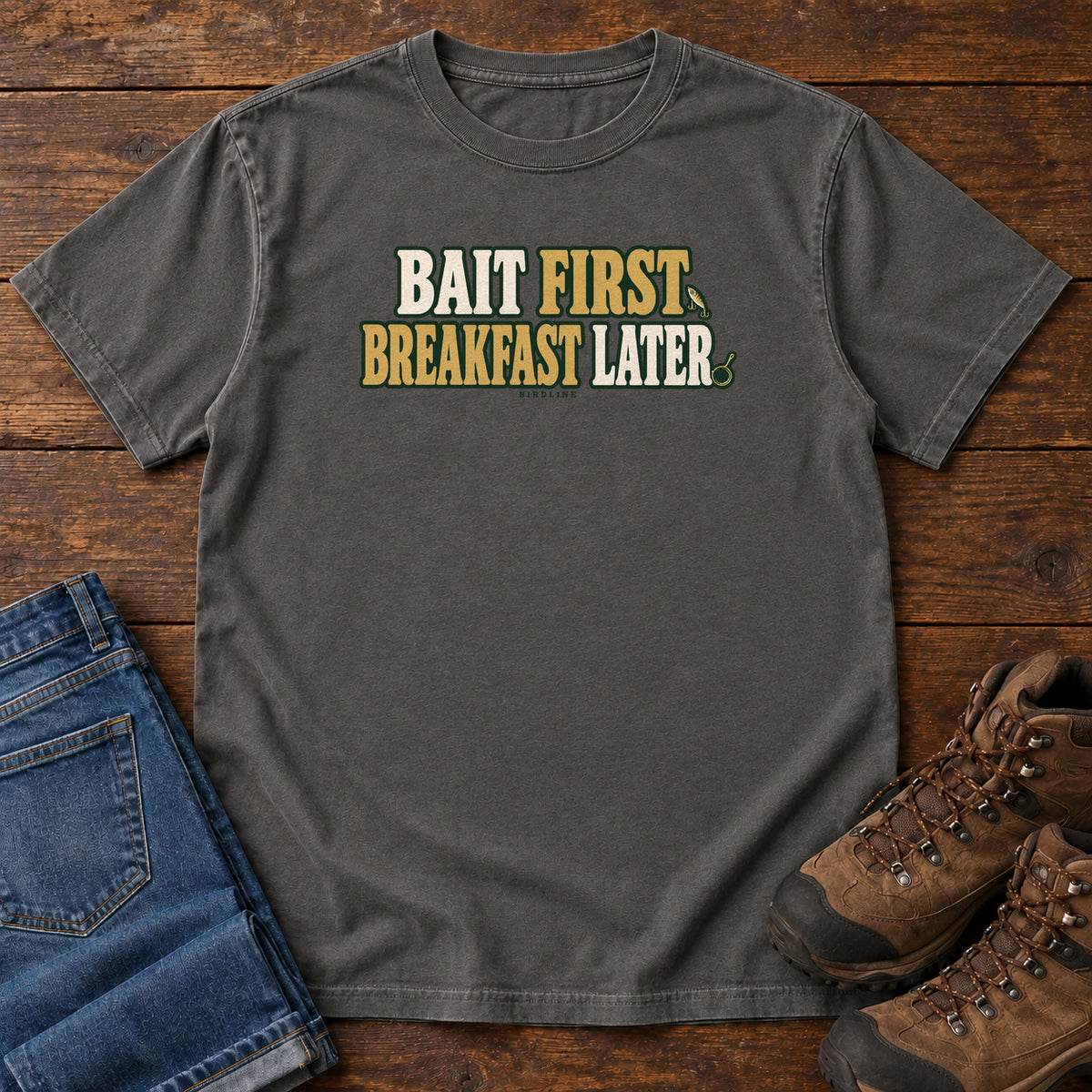 Pepper Bait First Breakfast Later T-Shirt with cream and gold Bait First Breakfast Later lettering; front flat lay on wood.