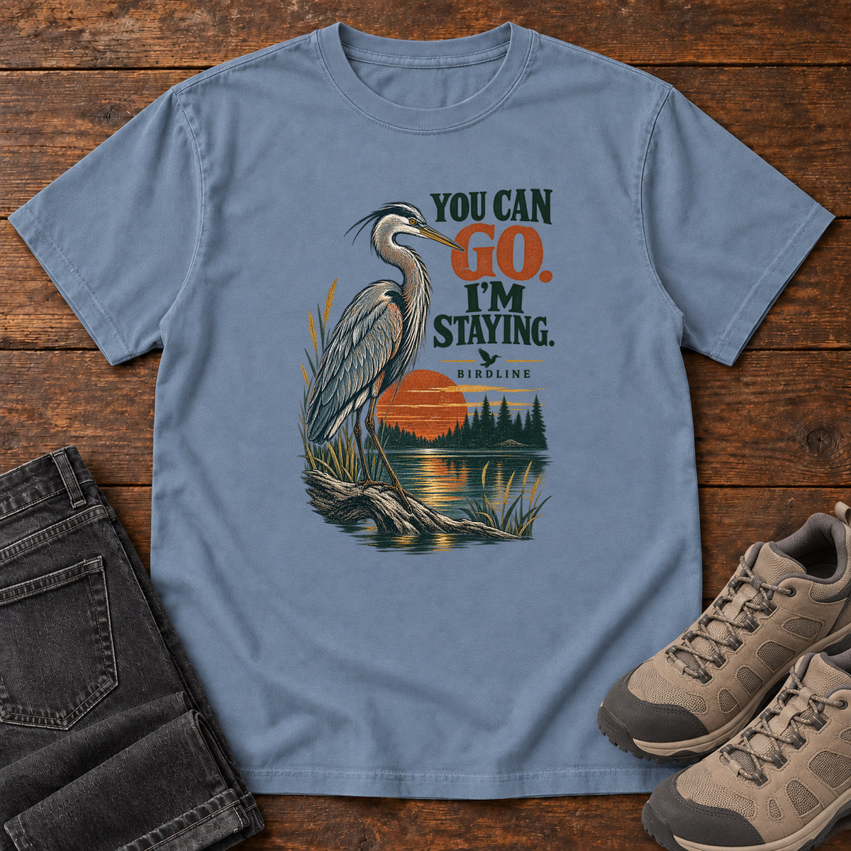 You Can Go I'm Staying Heron T-Shirt in Blue Jean