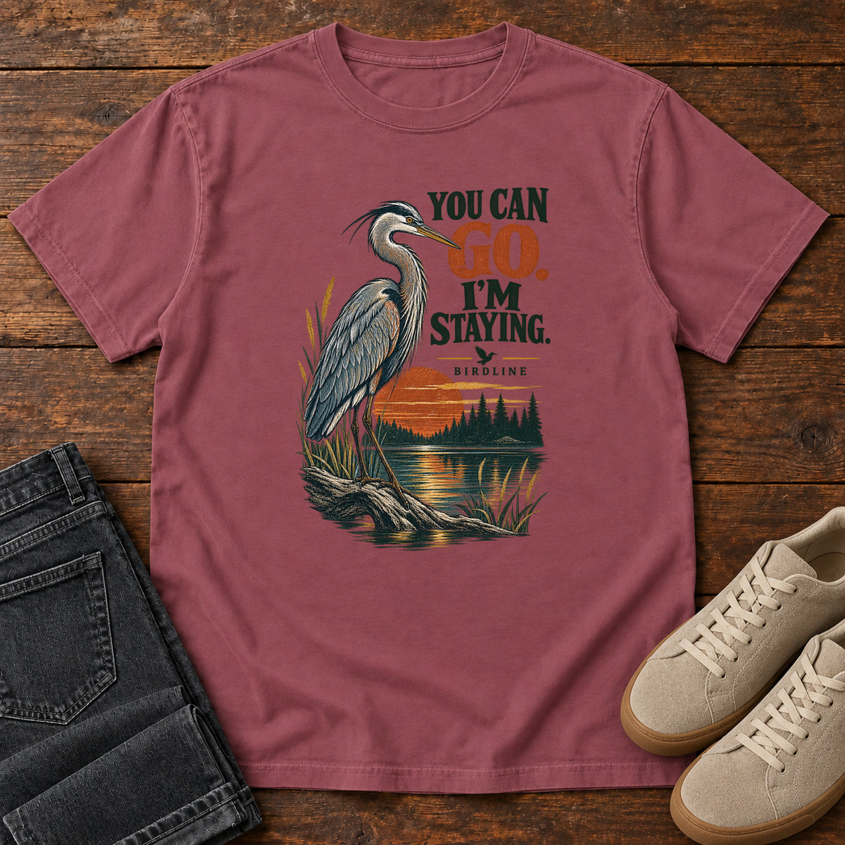 You Can Go I'm Staying Heron T-Shirt in Brick