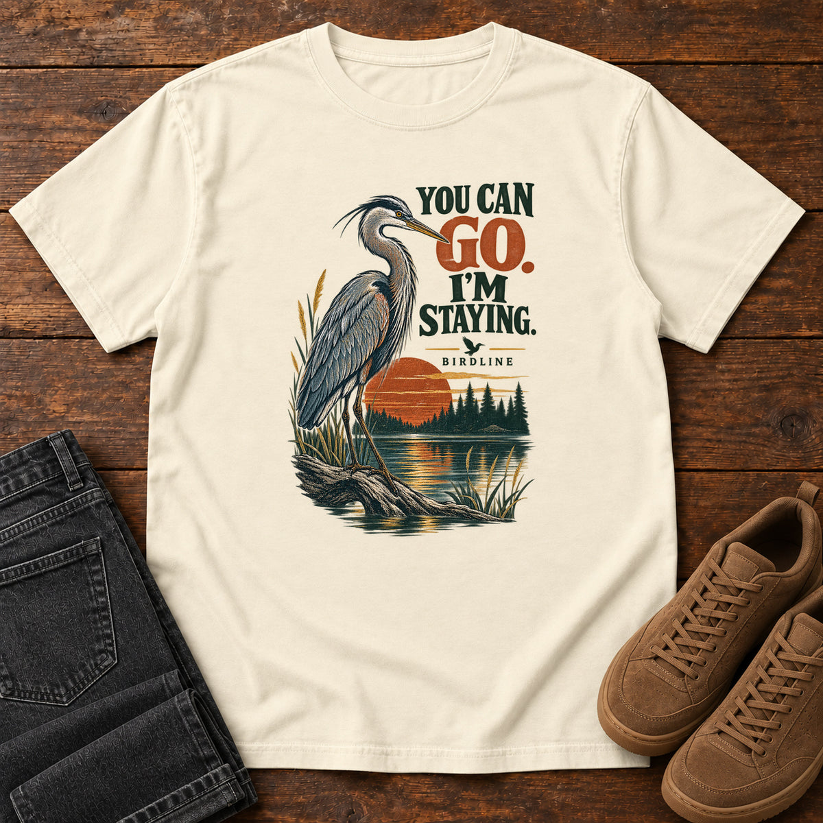 You Can Go I'm Staying Heron T-Shirt in Ivory