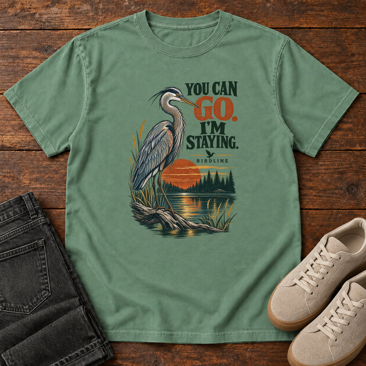 You Can Go I'm Staying Heron T-Shirt in Light Green