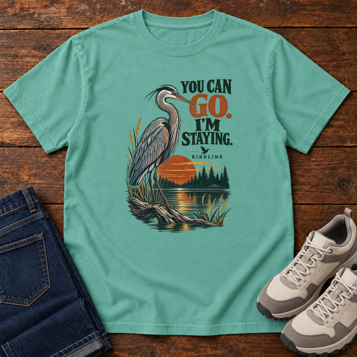 You Can Go I'm Staying Heron T-Shirt in Seafoam