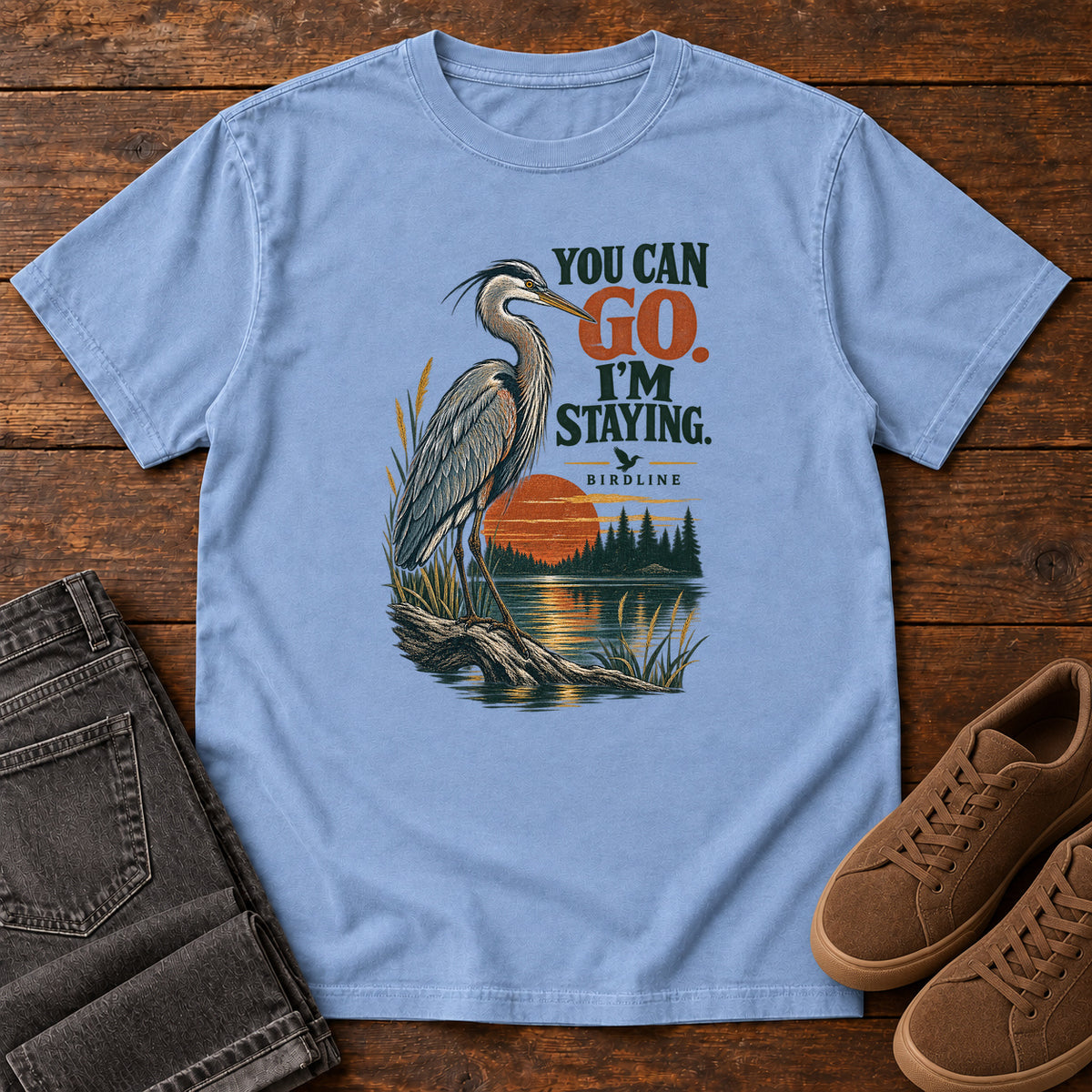 You Can Go I'm Staying Heron T-Shirt in Washed Denim