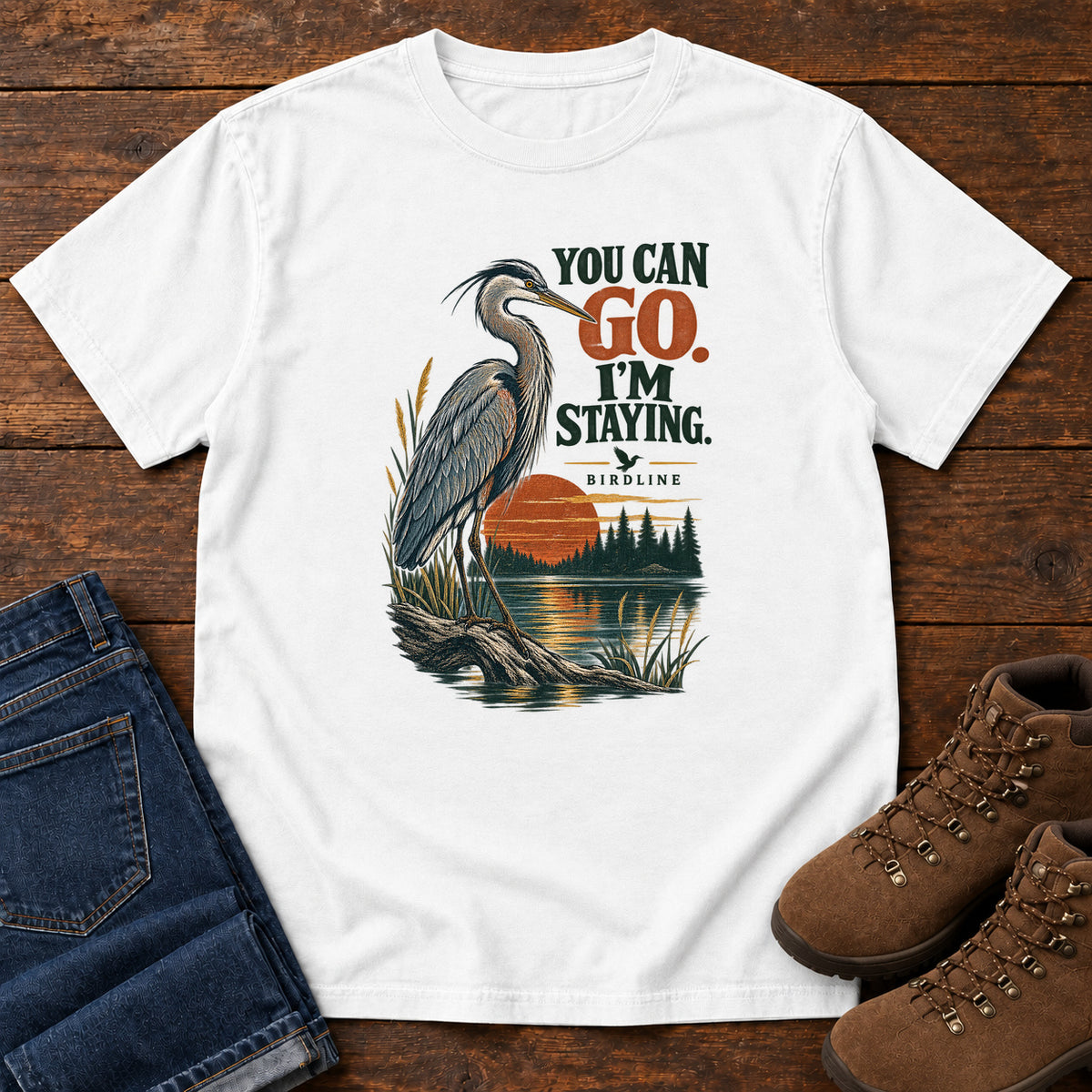 You Can Go I'm Staying Heron T-Shirt in White