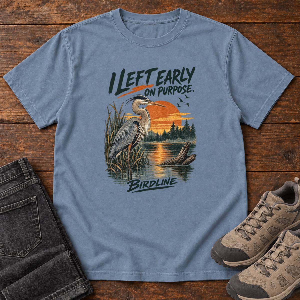 I Left Early on Purpose Heron T-Shirt in Blue Jean, left side