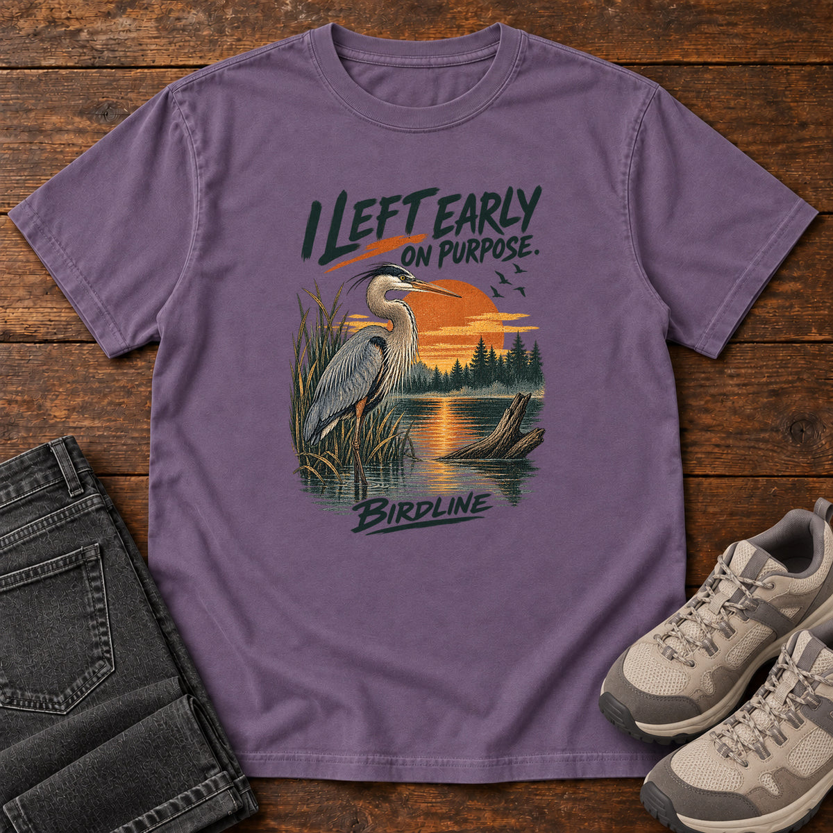 I Left Early on Purpose Heron T-Shirt in Grape, left side