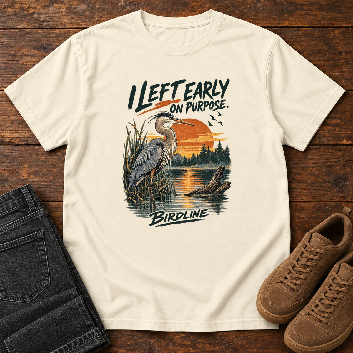 I Left Early on Purpose Heron T-Shirt in Ivory, left side