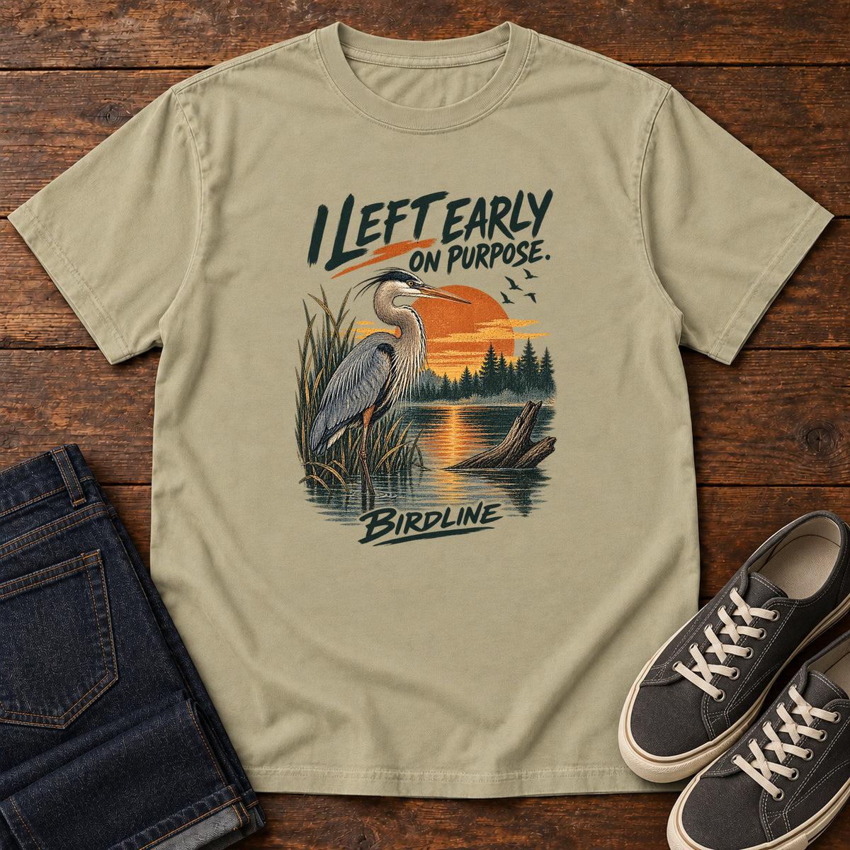 I Left Early on Purpose Heron T-Shirt in Khaki, left side