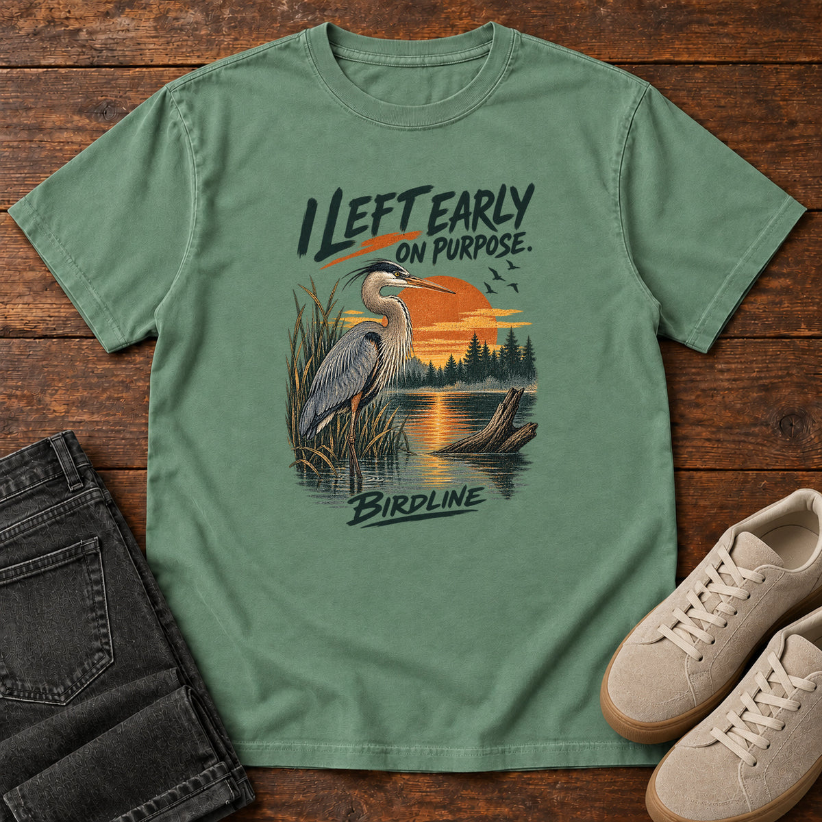 I Left Early on Purpose Heron T-Shirt in Light Green, left side