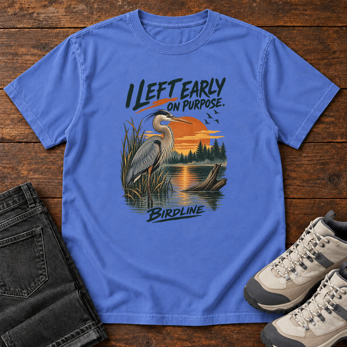 I Left Early on Purpose Heron T-Shirt in Mystic Blue, left side
