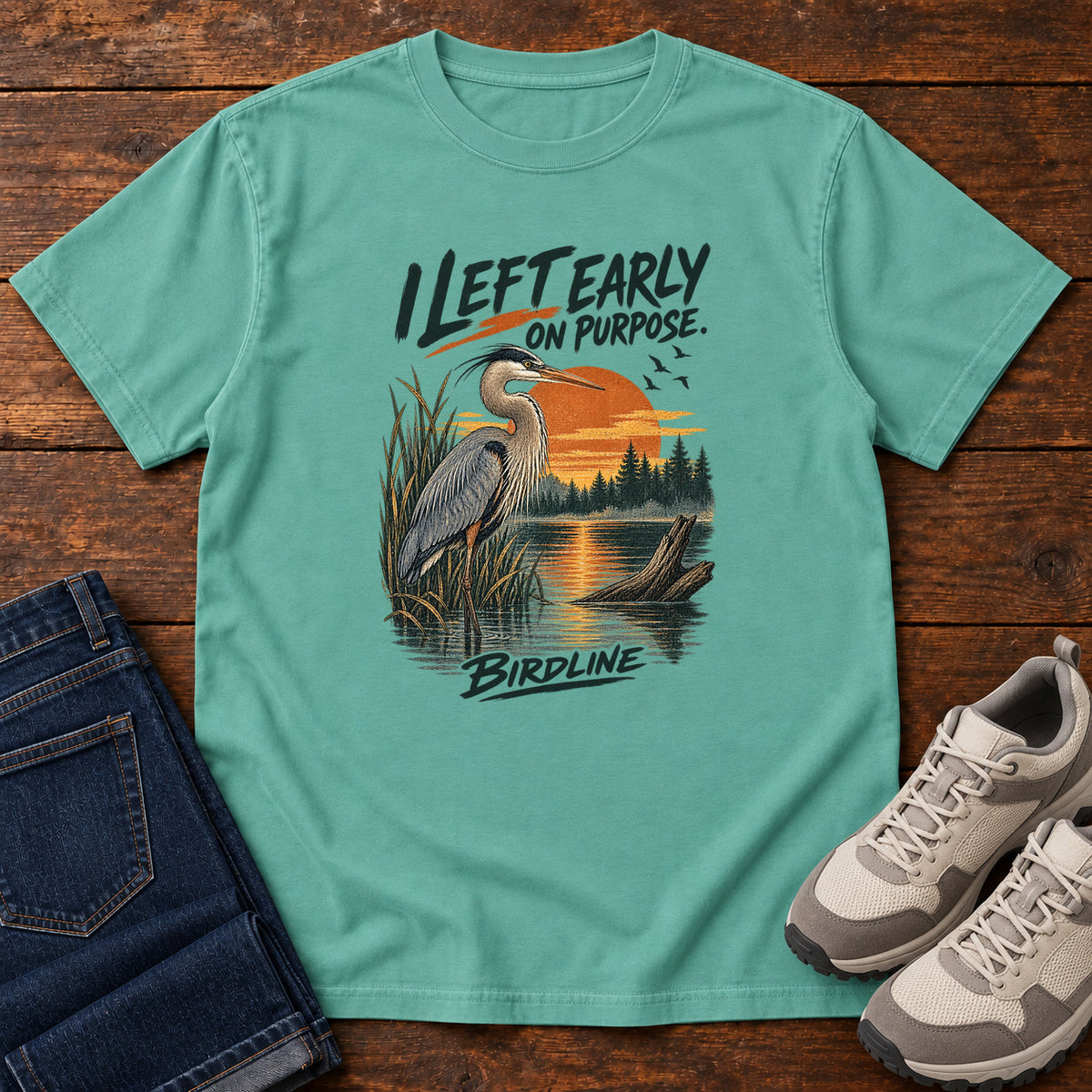 I Left Early on Purpose Heron T-Shirt in Seafoam, left side