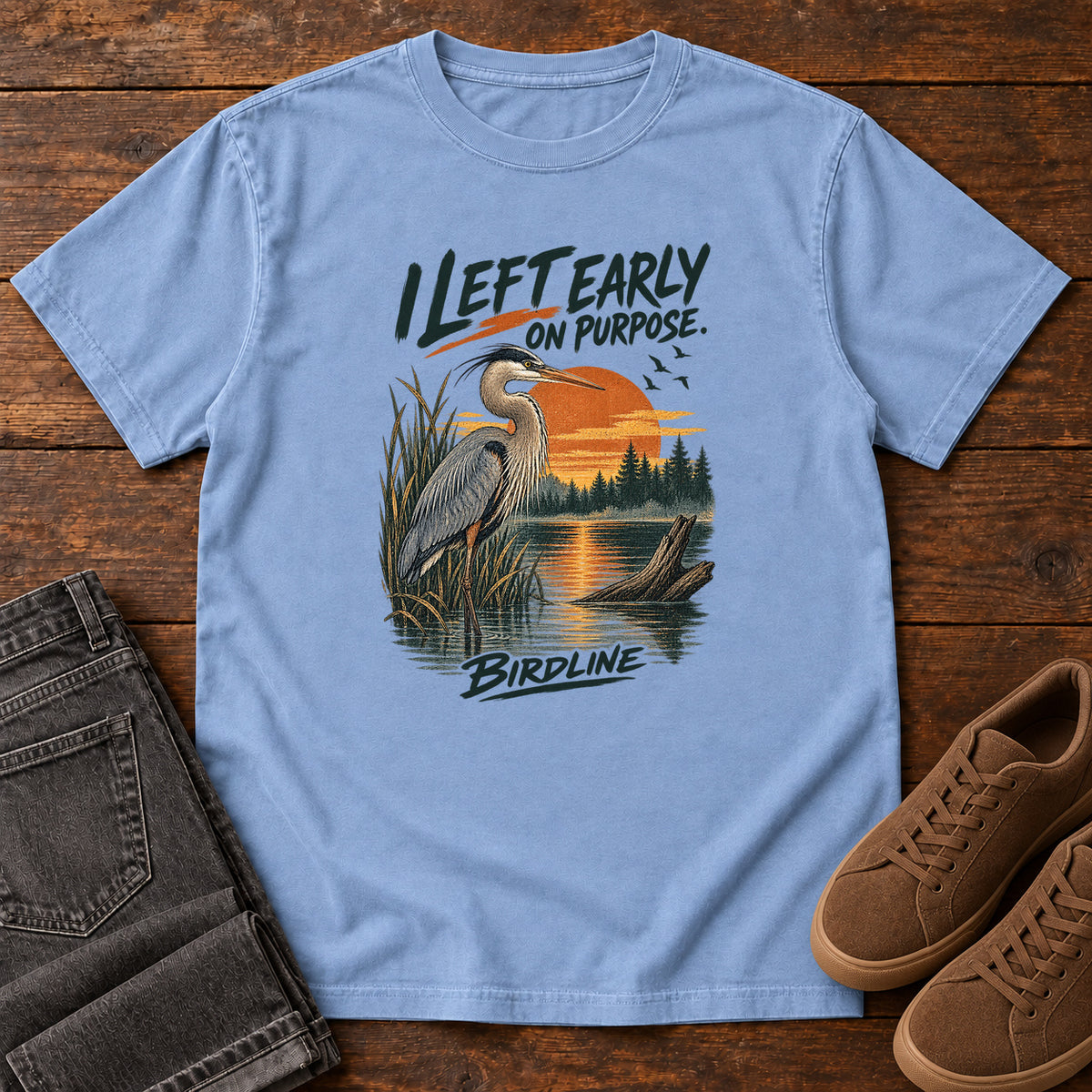 I Left Early on Purpose Heron T-Shirt in Washed Denim, left side