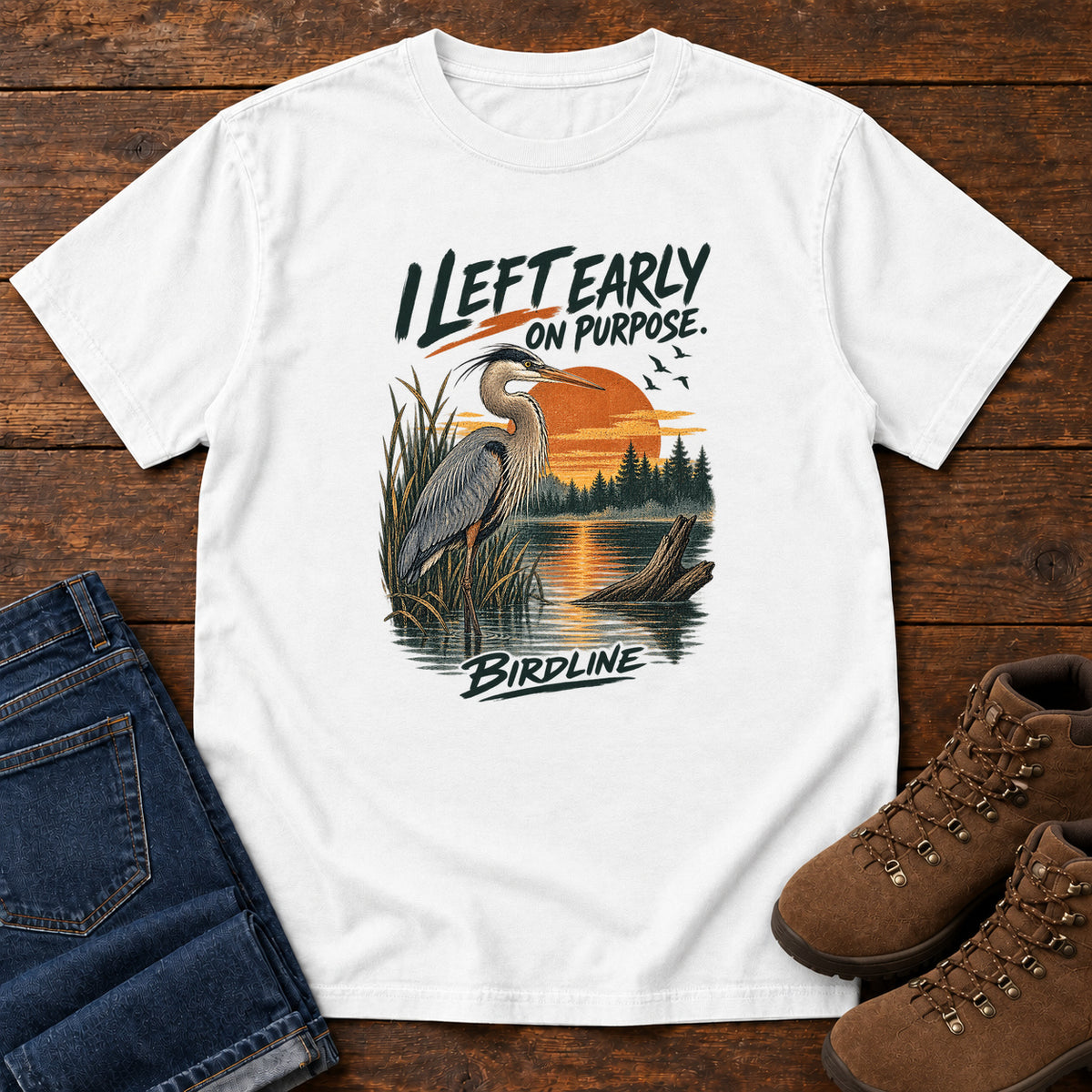 I Left Early on Purpose Heron T-Shirt in White, left side