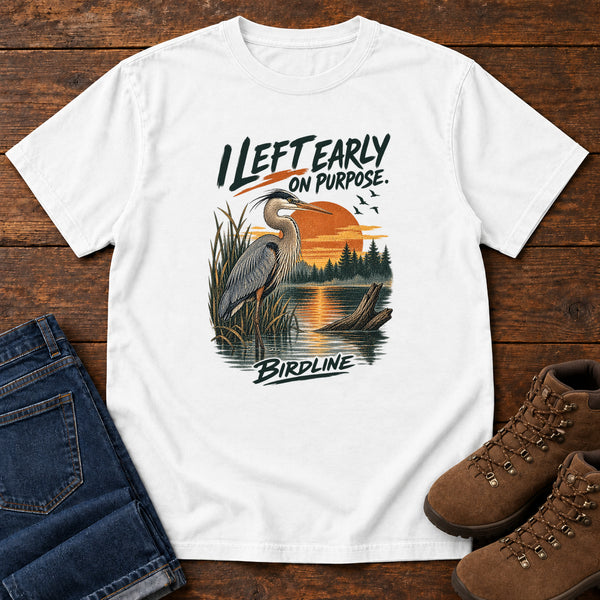 I Left Early on Purpose Heron T-Shirt in White, front view