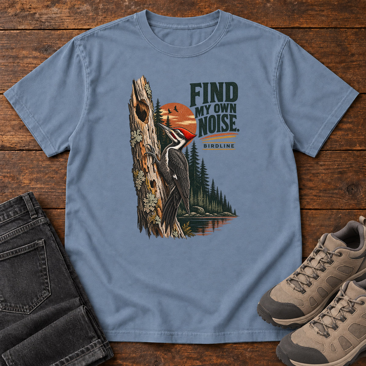 I Find My Own Noise Woodpecker T-Shirt in Blue Jean