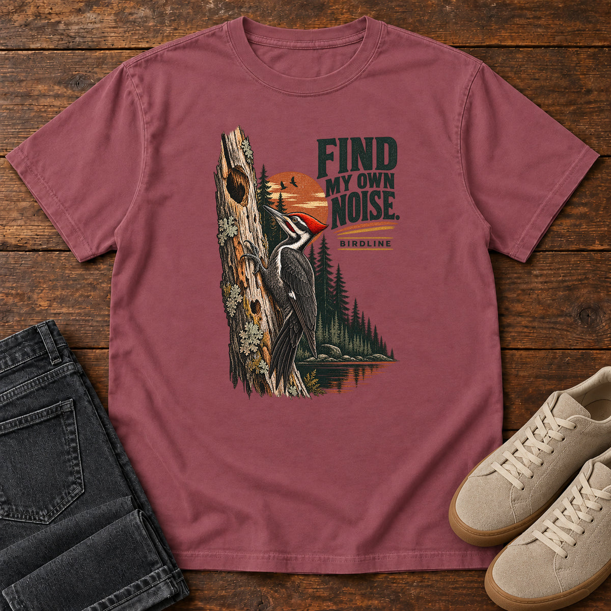 I Find My Own Noise Woodpecker T-Shirt in Brick