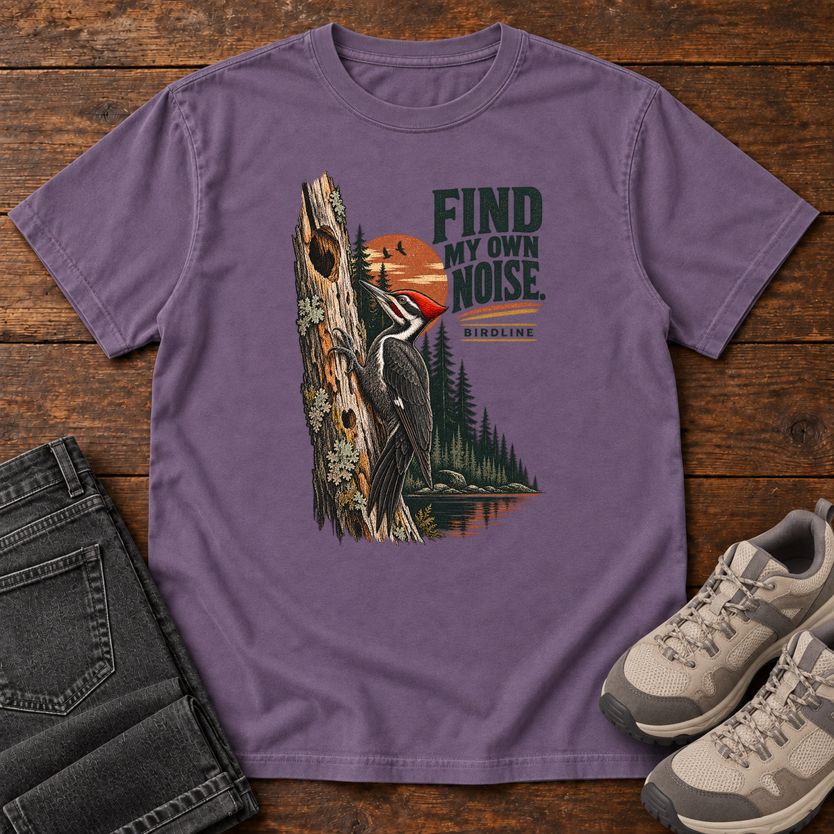 I Find My Own Noise Woodpecker T-Shirt in Grape