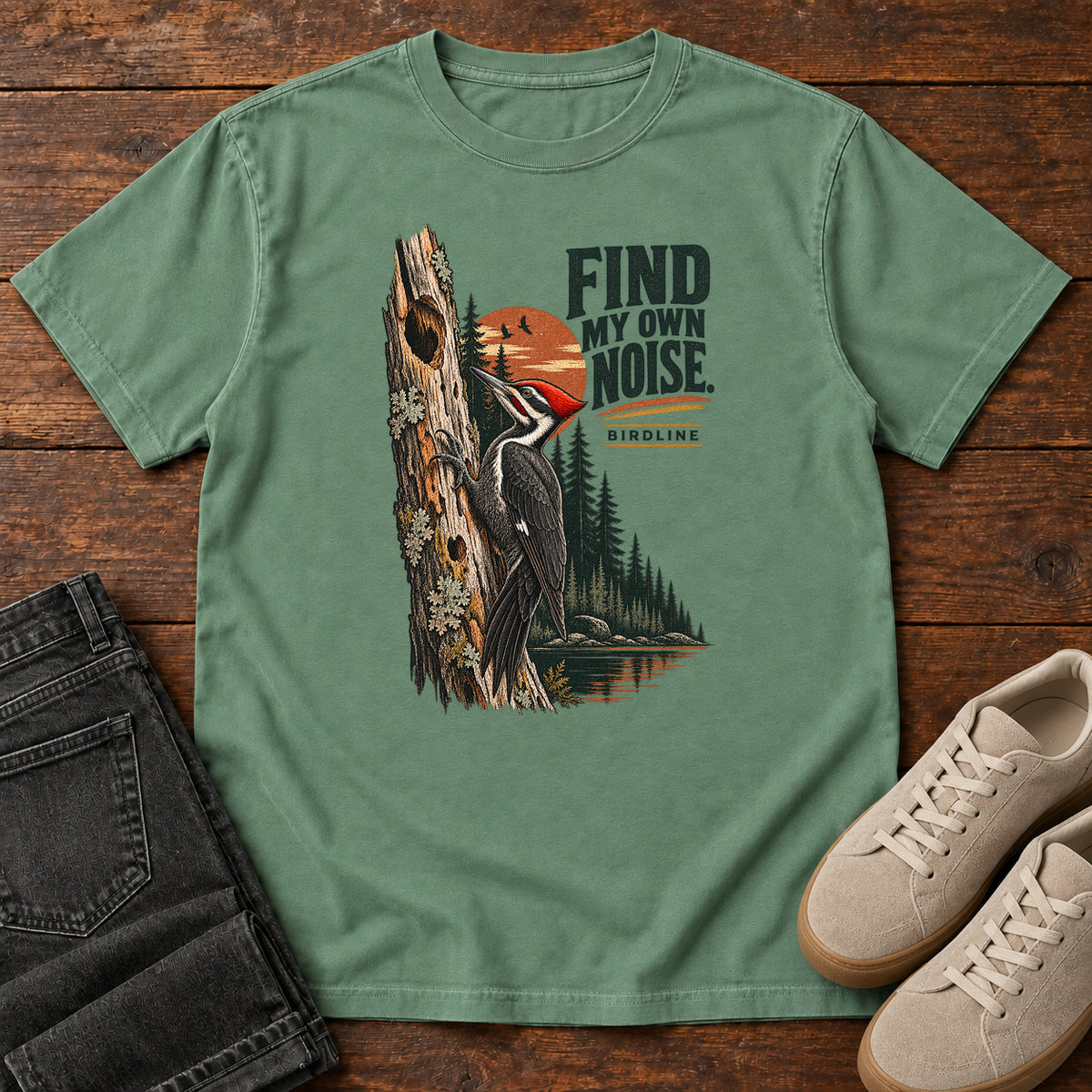 I Find My Own Noise Woodpecker T-Shirt in Light Green