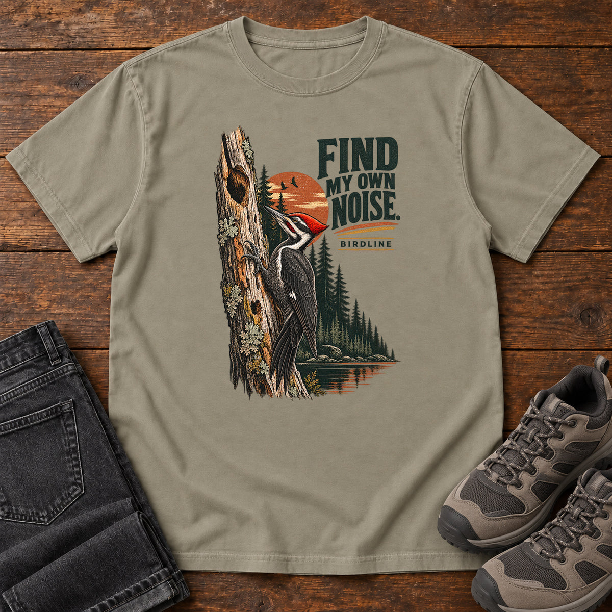 I Find My Own Noise Woodpecker T-Shirt in Sandstone