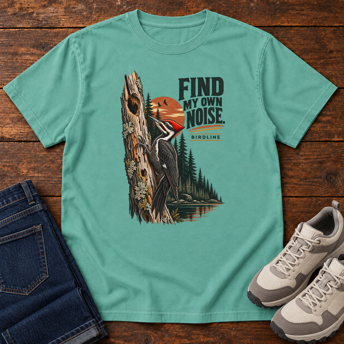 I Find My Own Noise Woodpecker T-Shirt in Seafoam