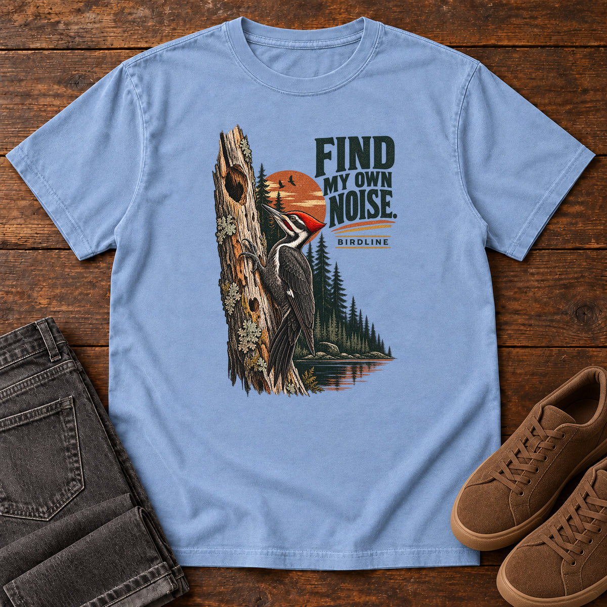 I Find My Own Noise Woodpecker T-Shirt in Washed Denim