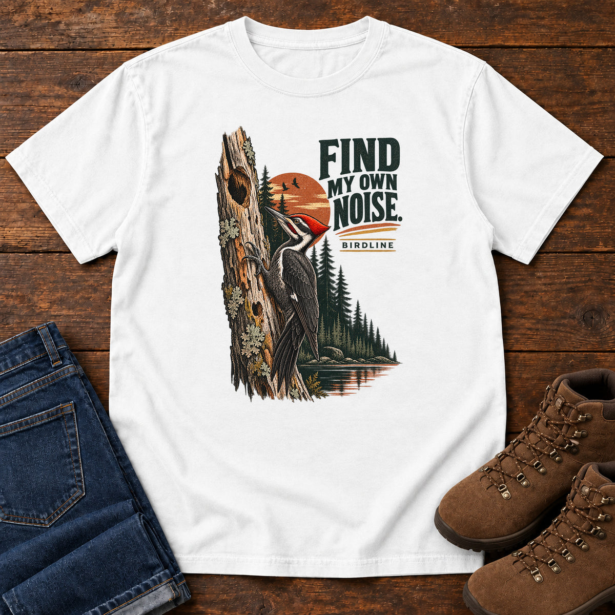 I Find My Own Noise Woodpecker T-Shirt in White