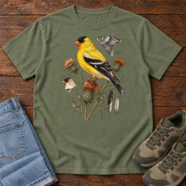 American Goldfinch Field Study T-Shirt in Moss, front view