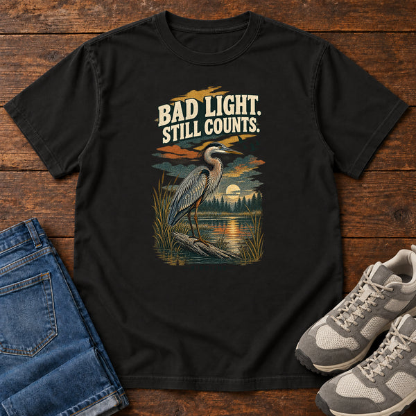 Bad Light Still Counts Heron T-Shirt in Black, front view