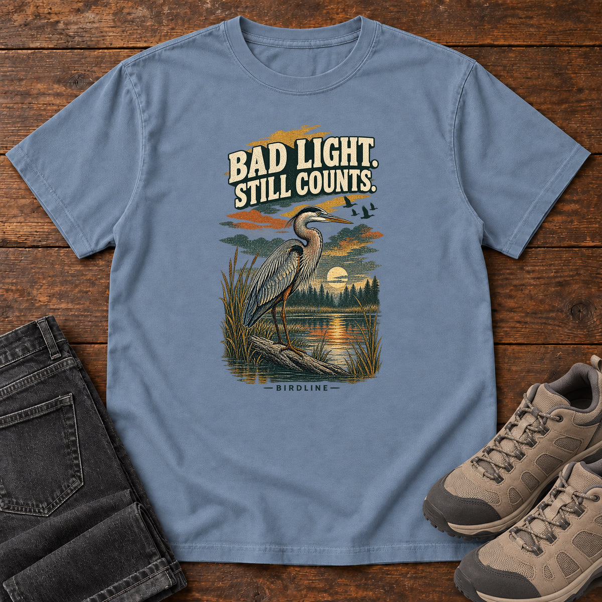 Bad Light Still Counts Heron T-Shirt in Blue Jean
